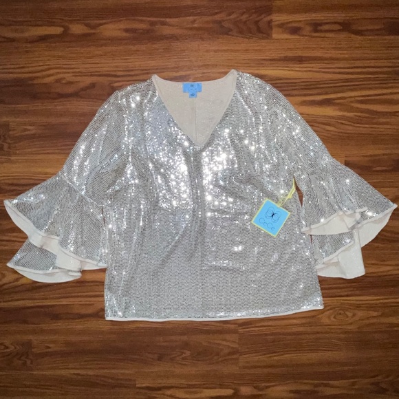 NWT Sparkly Sequin Three Quarter Flare Bell Sleeve Party Vneck Top - Picture 2 of 8